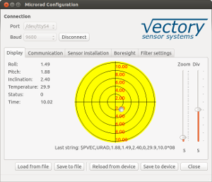 Microrad subsea tilt sensor / inclinometer configuration program data page screenshot